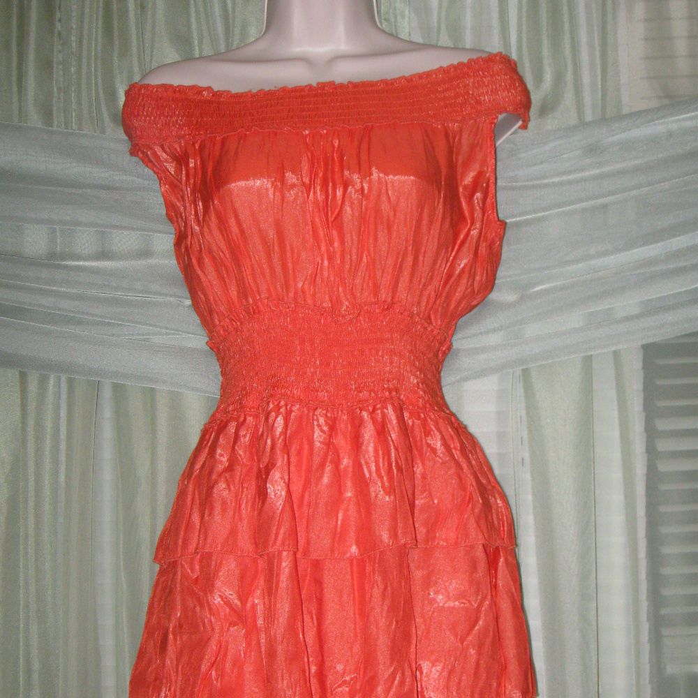 Orange Off-Shoulder Elastic Waist Dress